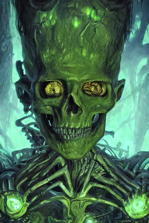 Image similar to a full body high detail fantasy portrait oil painting illustration of a skeleton king, glowing green every lighting, dungeon by justin sweet with face and body clearly visible, in a scenic background, pretty eyes, realistic proportions, d & d, rpg, forgotten realms, artstation trending, high quality, sombre mood, artstation trending, muted colours, entire person visible!