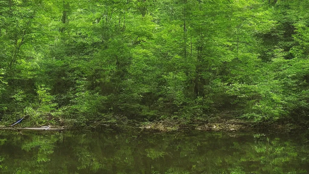 Image similar to a secluded pond there should be an ethereal, otherworldly atmosphere this is a sacred place that has not yet been tainted by the touch of man the dense canopy of the forest opens up a little above the pond and soft sunlight beams down,