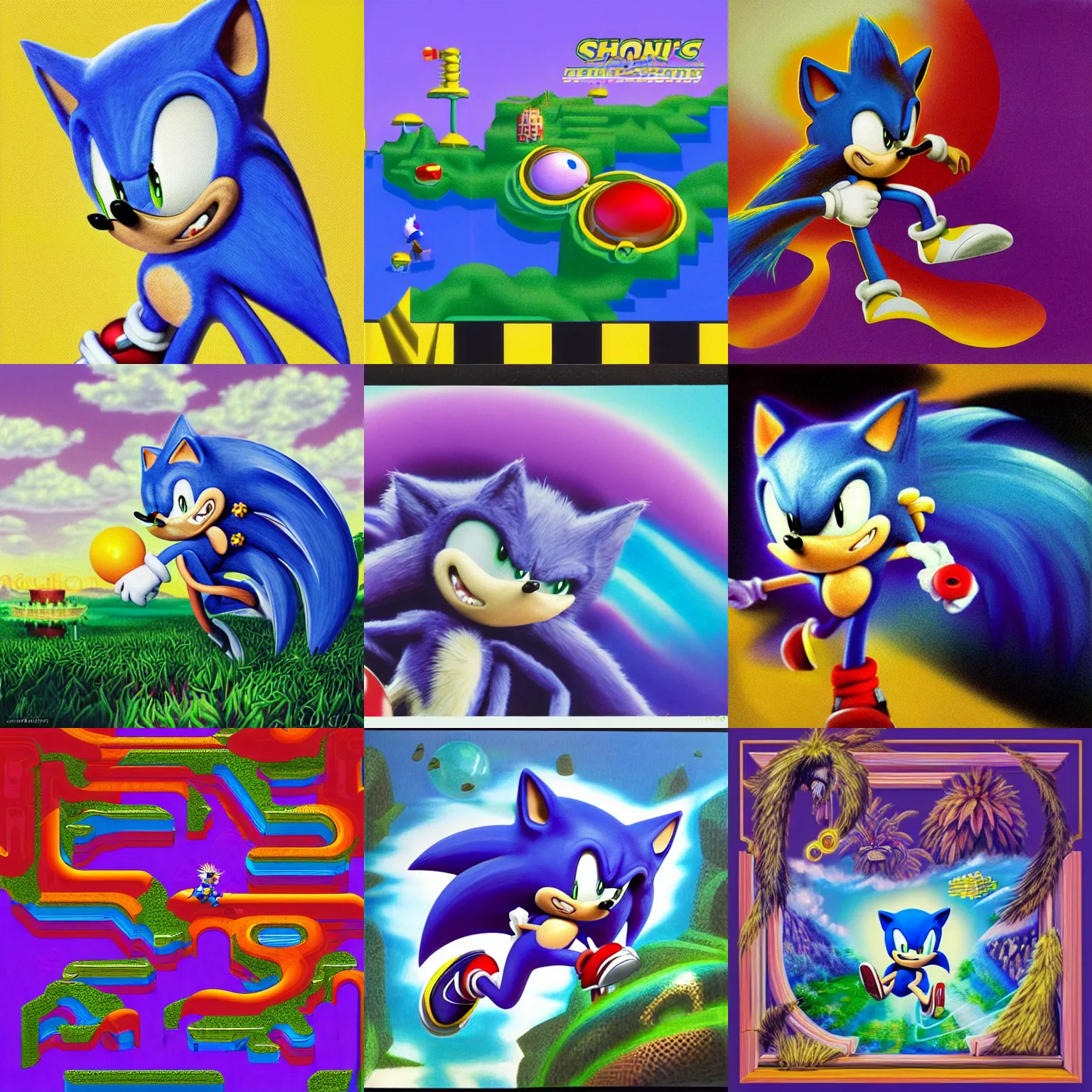 Prompt: nostalgic portrait of sonic hedgehog and a matte painting landscape of a surreal, sharp, detailed professional, soft pastels, high quality airbrush art album cover of a liquid dissolving airbrush art lsd dmt sonic the hedgehog swimming through cyberspace, purple checkerboard background, 1 9 9 0 s 1 9 9 2 sega genesis rareware video game album cover