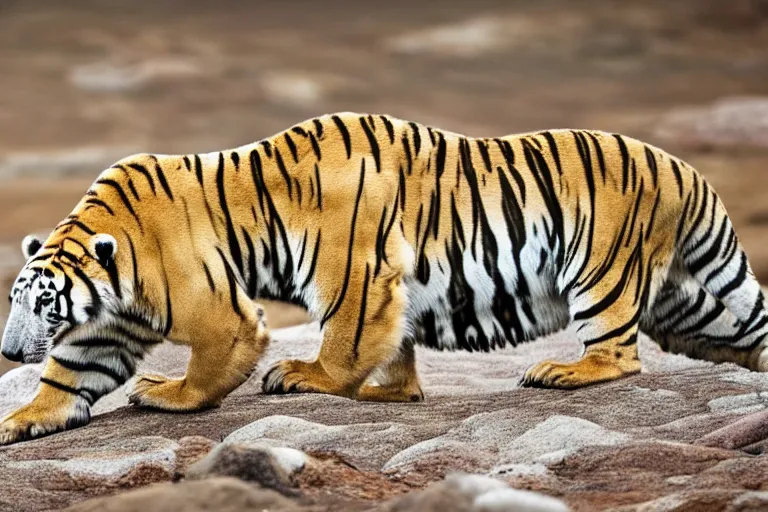 Image similar to a tiger polar bear!!! hybrid! hyper realistic!! realistic lighting!! wildlife photographer of the year!!! bold natural colors, national geographic, hd, wide angle, 8 k