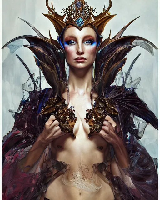 Prompt: Frightening and beautiful High elf queen wearing high fashion from Alexander McQueen and Iris Van Herpen, hyperrealistic masterpiece painted by Jaime Jones, Craig Mullins, Artgerm and Alphonse Mucha