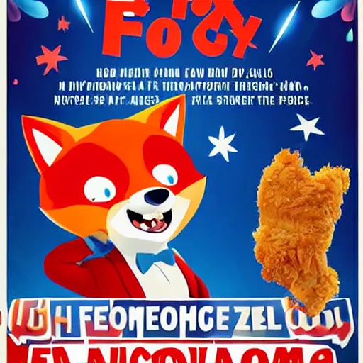 Image similar to comedy movie poster featuring an anthropomorphic fox wearing a white suit, fried chicken in the background, promotional media