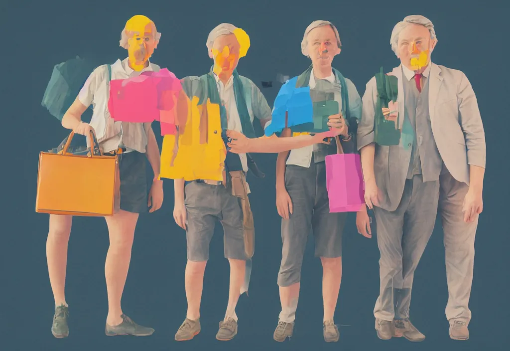 Image similar to full body portrait of a trio of european tourists with nikon cameras, character designs painting, in the style of wes anderson, rene magritte, lola dupre, david hockney, isolated on white background, dark monochrome neon spraypaint accents volumetric octane render