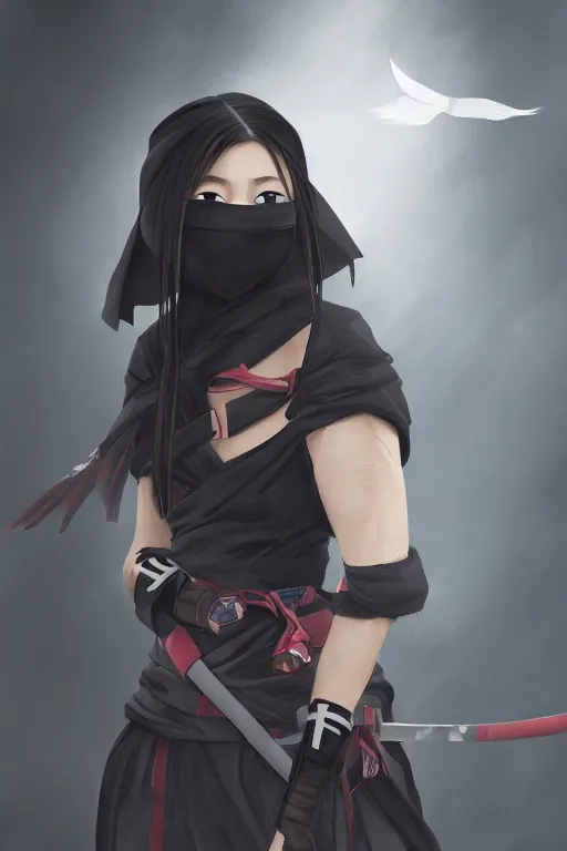 Image similar to native japanese young woman dressed like shinobi ninja, focused stare, partially masked, highly detailed, photorealistic render, digital painting, trending on artstation, character design, overcast weather