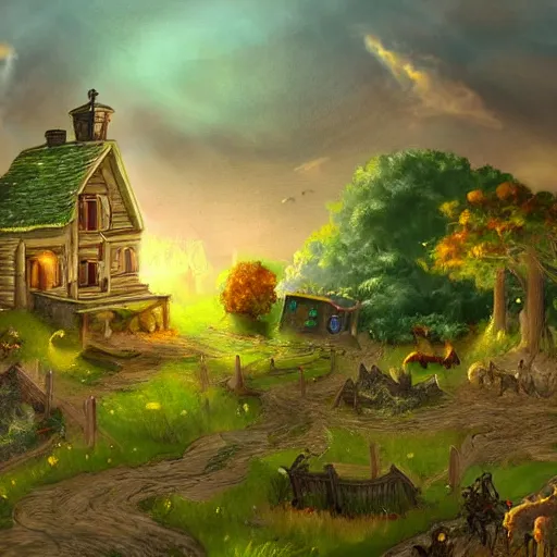 Image similar to concept art of a fantasy farm, wlop style