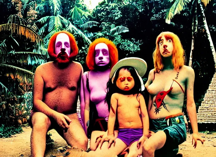 Prompt: photo of dadcore occult wizards and momcore witches on vacation at palenque, by richard corben by william eggleston by annie leibovitz, fujifilm velvia 5 0. masterpiece. intricate, hyper realism, high detail, octane render, unreal engine, 8 k, by katsuhiro otomo