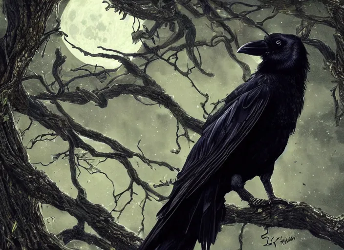 Image similar to a hyper-detailed fantasy wallpaper book cover, portrait of a crow on a tree in front of the full big moon; an extraordinary masterpiece!!!; flawless; proud posture; photorealistic eyes; trending on artstation; f/1.4; 90mm