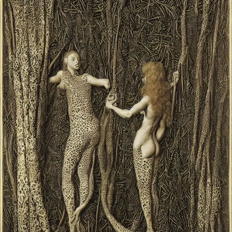 Prompt: a animalistic woman with her skin covered in patterns, fish scales, snake skin, her face looks like a orchid, huge plants tower around her, jan van eyck, max ernst