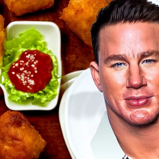 Image similar to food photo of channing tatum's face as giant tater tot on a plate with ketchup