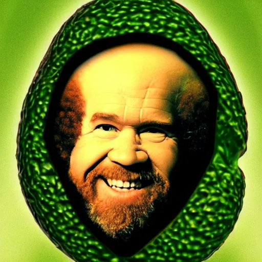 Image similar to bob ross as an embryo inside an avocado