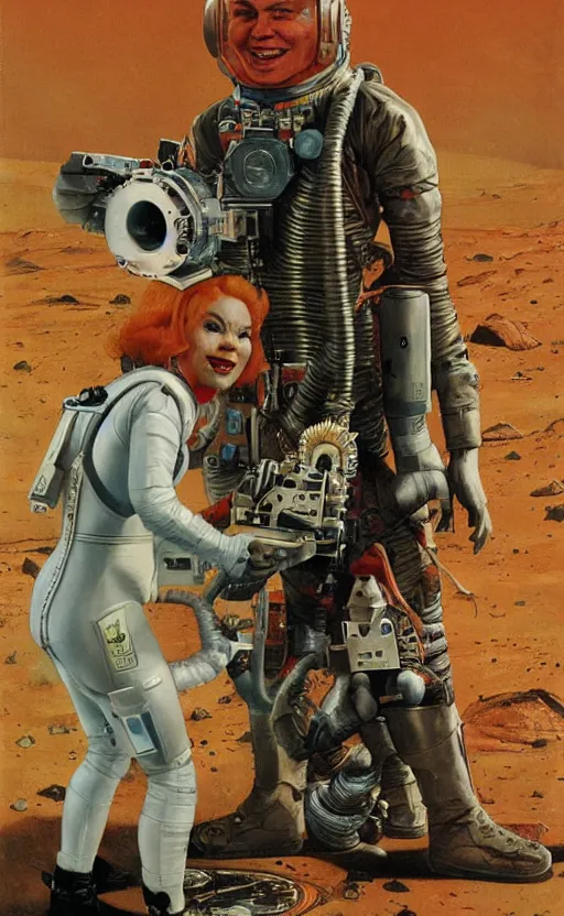 Image similar to bjork holding a retro ray gun and wearing a faded leather spacesuit on Mars by norman rockwell and darek zabrocki