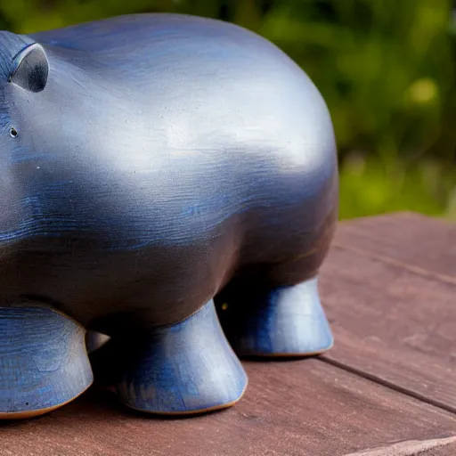 Prompt: wood block small hippo statue, wood blocks bottom hippo body, blue chrome top hippo body, by a genius craftsman, highly detailed