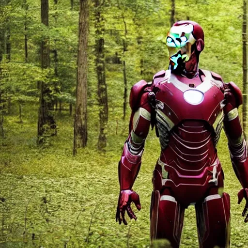 Image similar to rusty abandoned iron man suit in the middle of the forest, 4k realistic photo