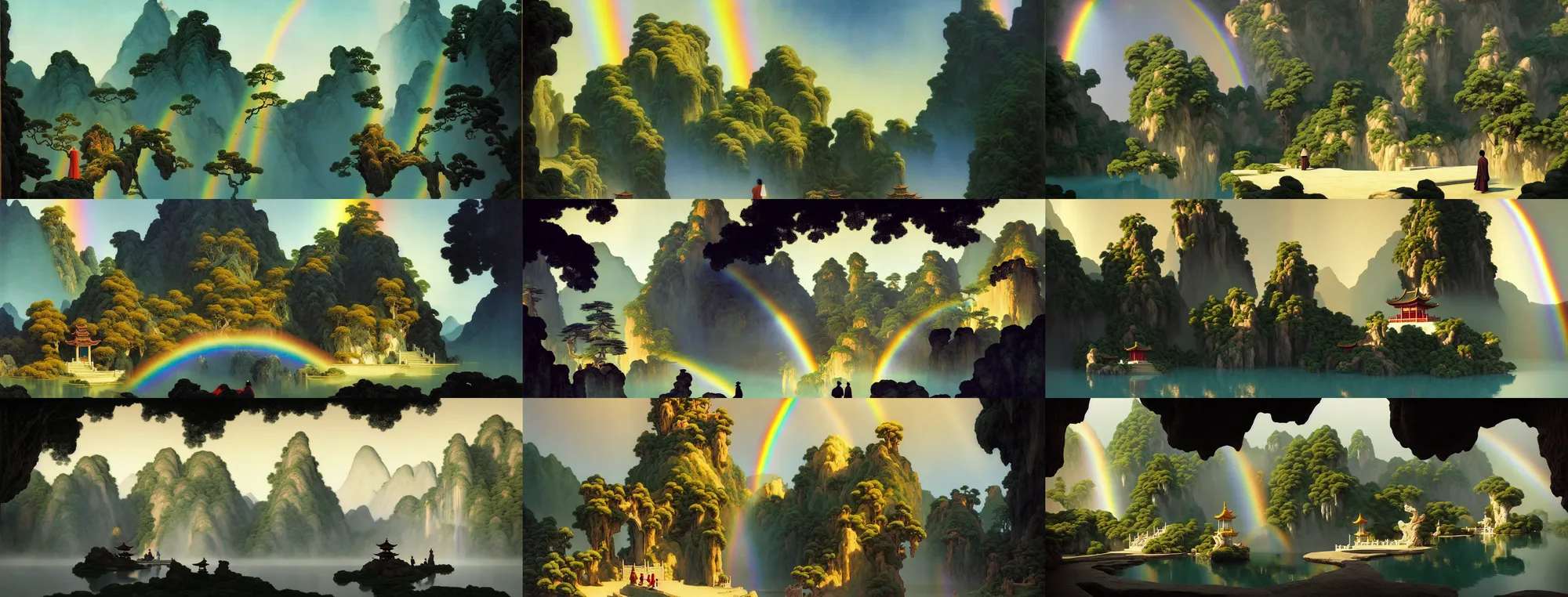 Image similar to a gorgeous landscape painting by barlowe wayne, maxfield parrish and marco mazzoni. chinese temple. sunny morning. a lonely chinese wuxia walks on the winding stone steps, stone gate to the dark cave, 3 d, octane render, turbulent lake, waterfall. fog, just one rainbow. 8 k.