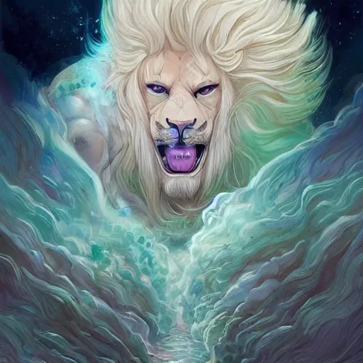 Image similar to aesthetic portrait commission of a albino muscular and attractive anthro lion with mane turning into green cosmic smoke while wearing an attractive pastel greek jeweled outfit floating inside a floating palace in the clouds, minimalistic art, hyperdetailed. Character design by charlie bowater, ross tran, artgerm, and makoto shinkai, detailed, inked, western comic book art, 2021 award winning painting