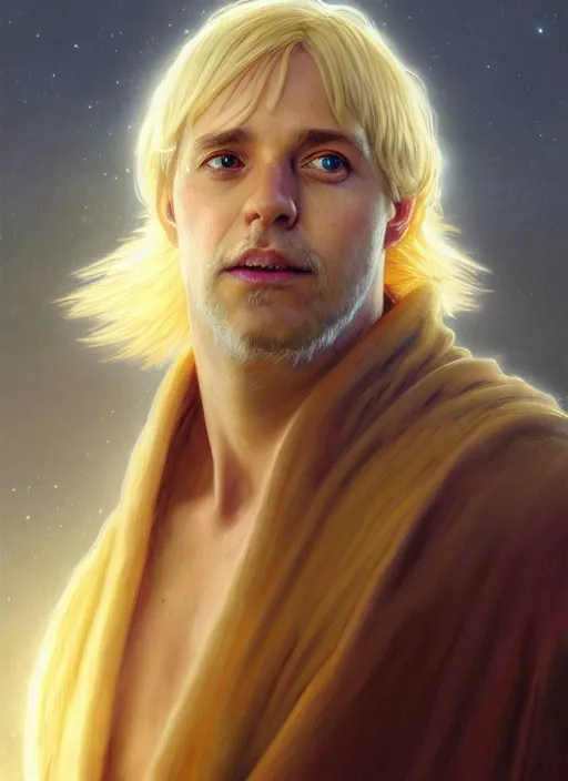 Image similar to Portrait of Clive Palmer, blonde shaggy hair, cloak, ethereal wings, fantasy, extremely detailed, digital painting, artstation, concept art, smooth, sharp focus, illustration, stunning lighting, art by artgerm and greg rutkowski and alphonse mucha and simon stalenhag, realistic character concept, high fantasy, light atmosphere, golden ratio, cinematic lighting, hyperdetailed, high resolution, insanely detailed and intricate, artstation, Marc Simonetti, Greg Rutkowski, 8k