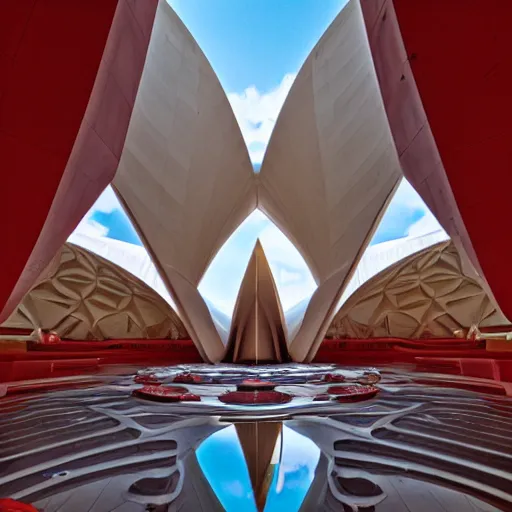 Image similar to interior of a futuristic lotus temple with gold, red and white marble panels, in the desert, by buckminster fuller and syd mead, intricate contemporary architecture, photo journalism, photography, cinematic, national geographic photoshoot