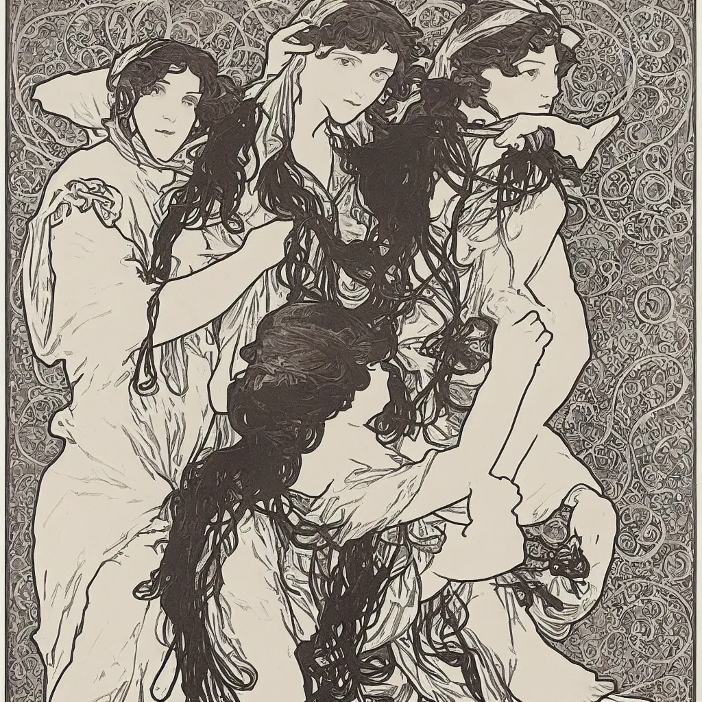 Image similar to monochromatic engraving by alphonse mucha and gustave klint