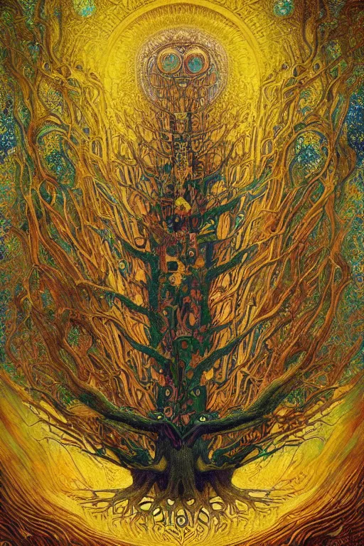 Image similar to Tree of Life by Karol Bak, Jean Deville, Gustav Klimt, and Vincent Van Gogh, mysterious, sacred geometry, Surreality, radiant halo, colorful jeweled leaves, otherworldly, enigma, fractal structures, celestial, arcane, ornate gilded medieval icon, third eye, spirals