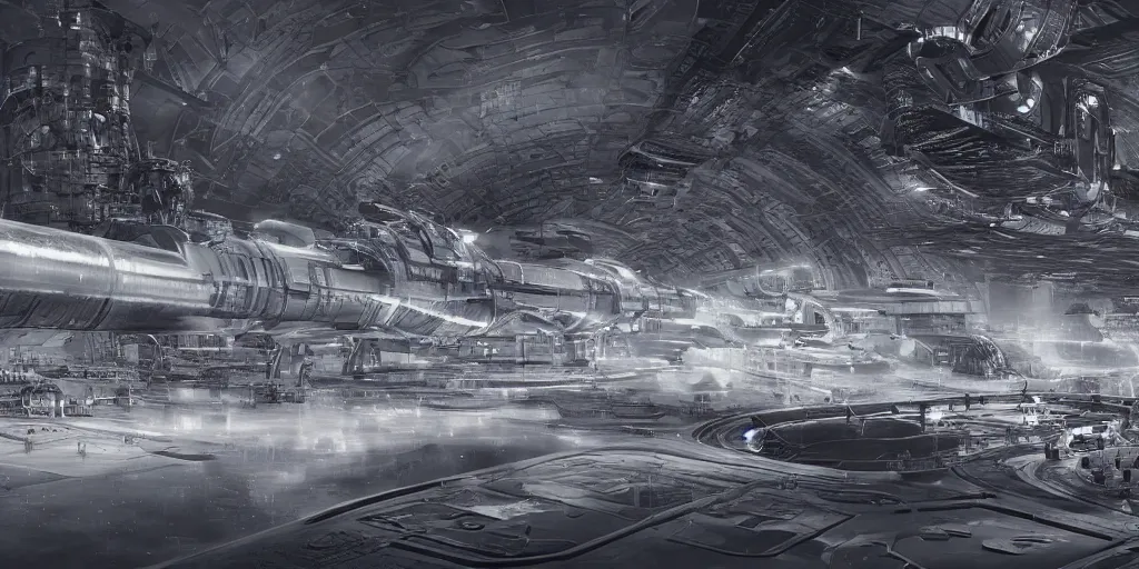 Prompt: 4 k rendered pencil sketch image of a space x starship factory with lots of spaceships and boosters being built by robots, sparks and smoke, wet puddles reflecting