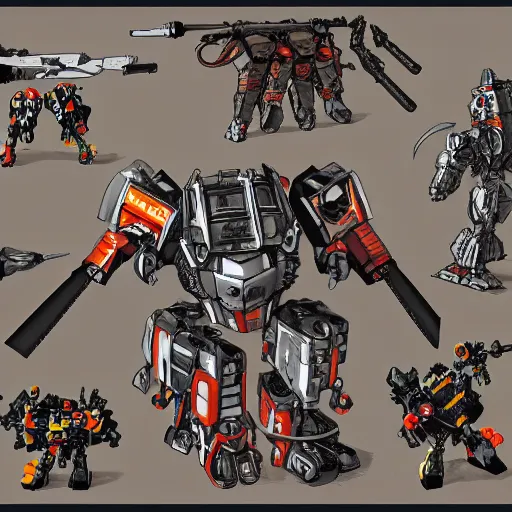 Image similar to Still life of a combat mech surrounded by its weapons, inspired by Carvaggio