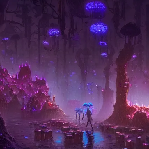 Prompt: concept art detailed painting of a dark purple fungal fairytale city made of mushrooms, with glowing blue lights, in the style of jordan grimmer and neil blevins and wayne barlowe