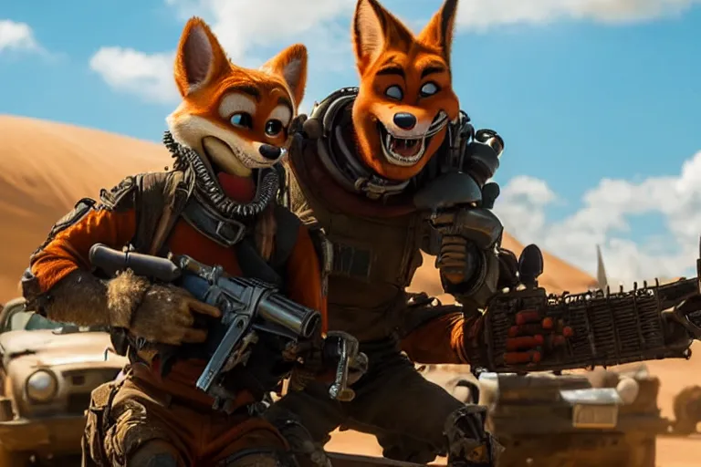 Image similar to nick wilde, heavily armed and armored facing down armageddon in a dark and gritty reboot from the makers of mad max : fury road