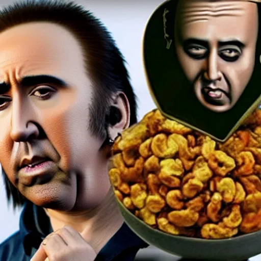 Prompt: Nicolas Cage eats a bowl of Nicolas Cages