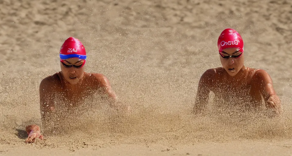 Image similar to olympic swimming in sand instead of water, extremely coherent, motion blur