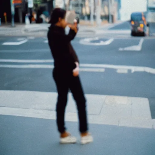 Image similar to portra 800 street photography woman staring into camera but she is a bit blurry because she is moving