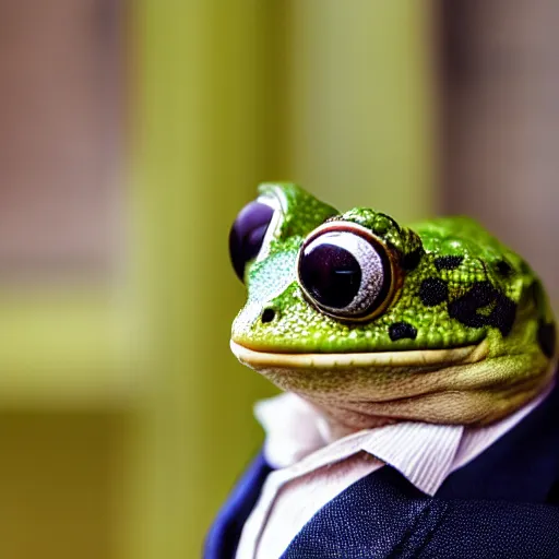 Image similar to a high detail closeup photograph of a 🐸 wearing a suit 👔,and smoking a cigarrette🚬, award wining photograph