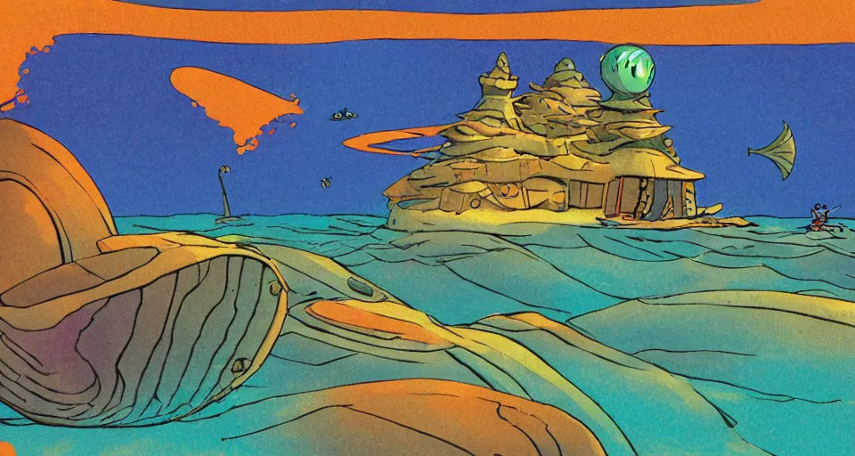 Image similar to giant abalone - shaped seashell house in the ocean by dr seuss, ralph mcquarrie, in the style of zelda windwaker, triadic color scheme, cell shading, 3 d