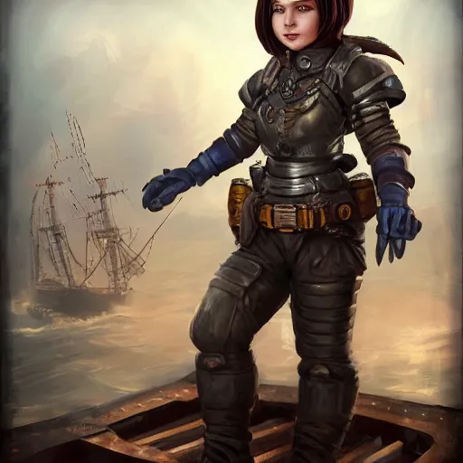 Image similar to full body portrait of a scrappy female gnome engineer with pixie undercut hair and one prosthetic metal gauntlet arm, standing on a ship deck, naval background, fantasy, D&D, full body portrait, highly detailed, digital painting, HD, trending on ArtStation, dark fantasy, great composition, concept art, matte, sharp focus, illustration, art by artgerm and greg rutkowski