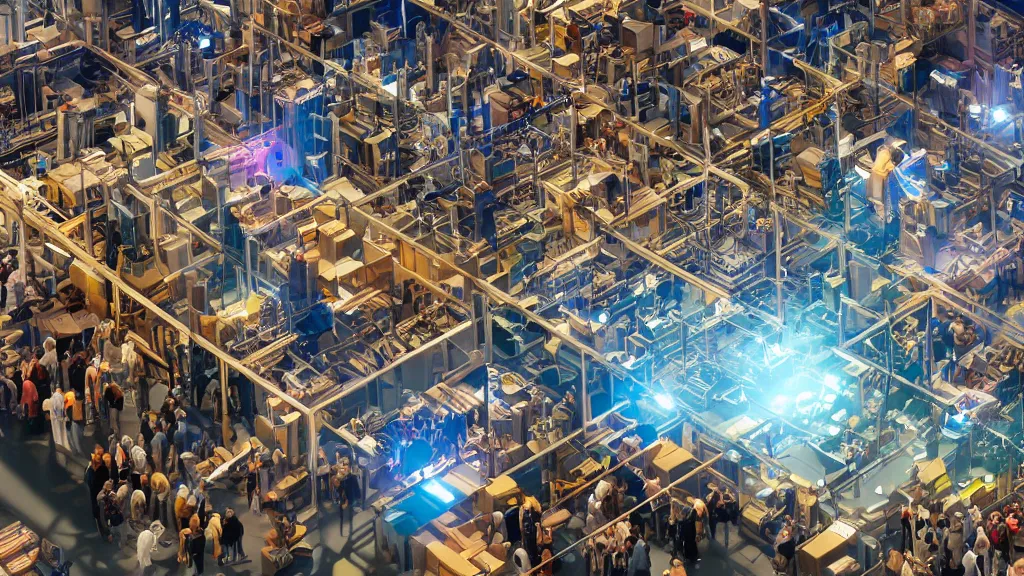 Prompt: crane shot of large group people in open warehouse, looking at hologram of futuristic city on a table, cinematic still, godrays, golden hour, natural sunlight, 4 k, clear details, tabletop model buildings, tabletop model, ethereal hologram center, crane shot, crane shot, rule of thirds, people, people, tabletop