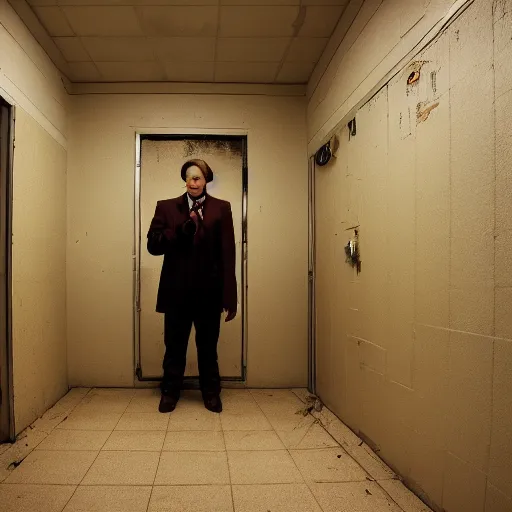 Image similar to Saul Goodman chained in an asylum room, claustrophobic, security camera recording