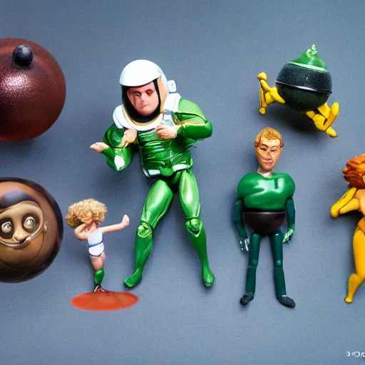 Prompt: a detailed photo of the characters from space balls as action figures, macro photography, zoom, table