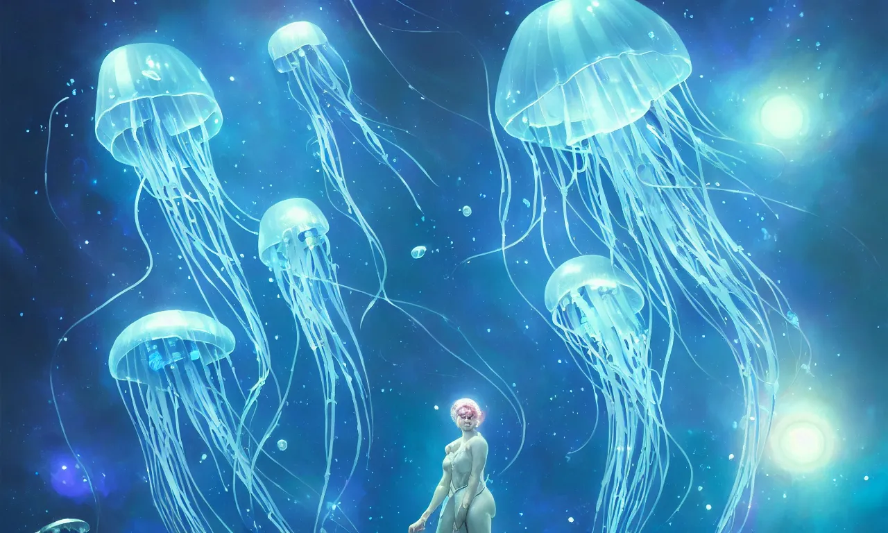 Image similar to detailed jellyfish in space, blue tones, underwater, full frame, highly detailed, digital painting, artstation, concept art, smooth, sharp focus, illustration, art greg rutkowski and alphonse mucha