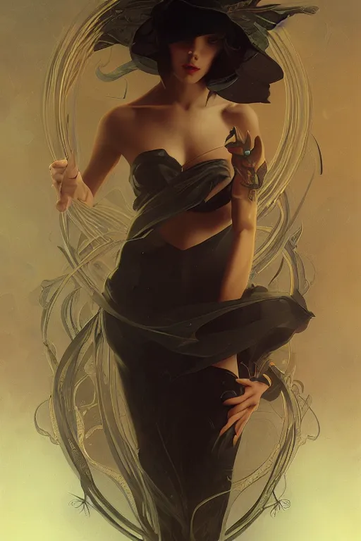 Image similar to Black Magician Girl, digital painting, portrait, elegant, cinematic lighting, mysterious, highly detailed, artstation, concept art, illustration, smooth, sharp focus, editor's pickup, trending on artstation, trending on deviantart, alphonse mucha, WLOP