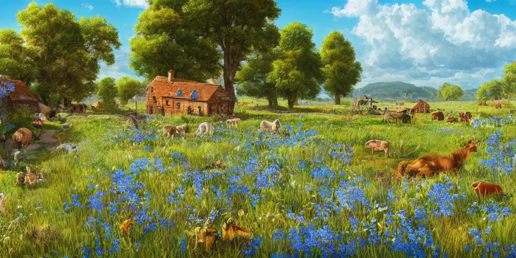 Image similar to Miltonian idyllic azure meadow sunny weather heaven of animals, detailed, intricate, masterpiece, 8k resolution