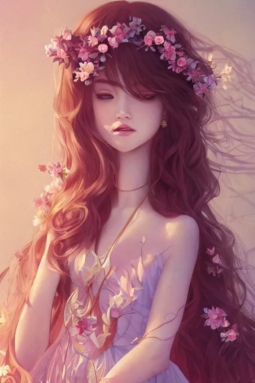 Image similar to romantic and fashion and love princess of the flower with sheath dress, 8 k realistic, teenager girl, baroque, symmetrical, flowing hair, smile, trending pinterest and pixiv, muted colors, hyperrealistic, l close up shot, character concept art, face by kyoung hwan kim, alexandra fomina, ilya kuvshinov