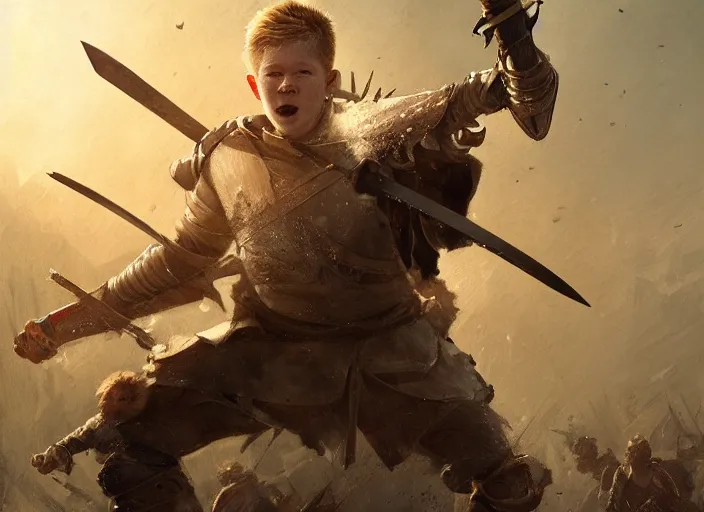 Prompt: dramatic cinematic artwork close up of Kevin De Bruyne as a warrior wielding a sword, fighting in a battle by Greg Rutkowski, 4k, masterpiece, sun rays
