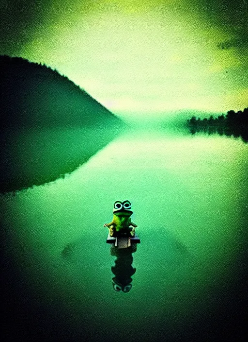 Image similar to “pepe the frog vertically hovering above misty lake waters in jesus christ pose, low angle, long cinematic shot by Andrei Tarkovsky, paranormal, eerie, mystical”