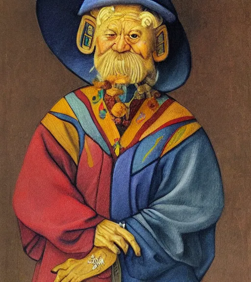 Prompt: Portrait painting in a style of Hieronim Bosch of an old shaman dressed in a colorful traditional clothes.