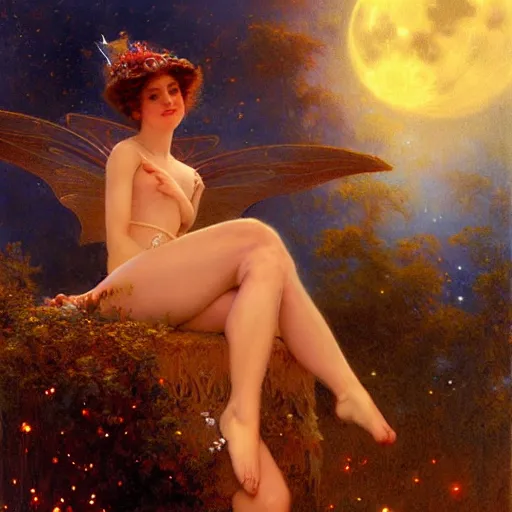 Image similar to attractive fairy magically floating high in the night, fantasy, full moon in background. highly detailed painting by gaston bussiere, craig mullins, j. c. leyendecker, sharp focus, 8 k