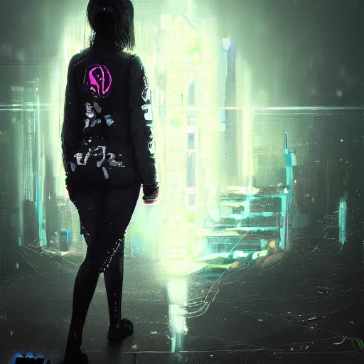 Image similar to skill magic deepdream guard girl cyberpunk futuristic, reflective puffer jacket, black leggings from the back radiating a glowing aura by ismail inceoglu dragan bibin hans thoma, perfect face, fine details, realistic shaded, fine - face, pretty face