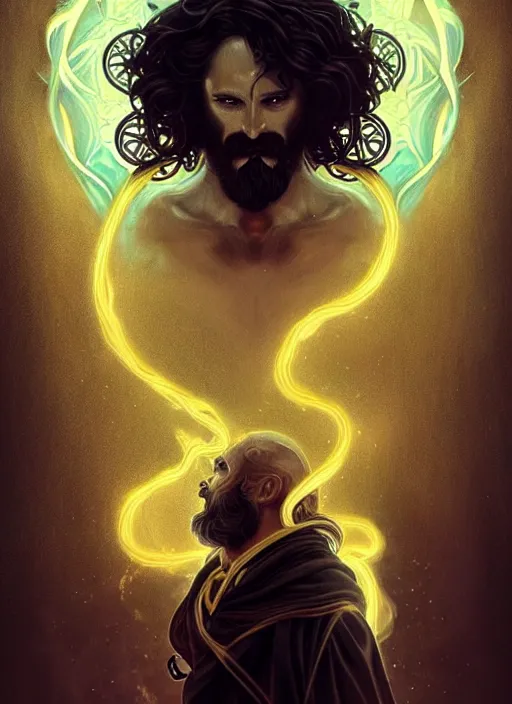 Image similar to angry god zeus, wavy black hair, bushy beard, glowing eyes, volumetric lights, cyan and gold scheme, art nouveau botanicals, gothic, intricate, highly detailed, digital painting, artstation, concept art, smooth, sharp focus, symmetric face, illustration, steampunk, art by artgerm and greg rutkowski and alphonse mucha