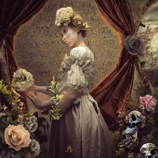 Image similar to 8k, octane render, realism, tonalism, renaissance, rococo, baroque, group of creepy young ladies wearing long flowers and skull dress, harajuku manga, background chaotic gold leaf flowers