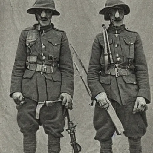 Image similar to close up of creepy occultist soldiers, ww 1 photograph, photoreal