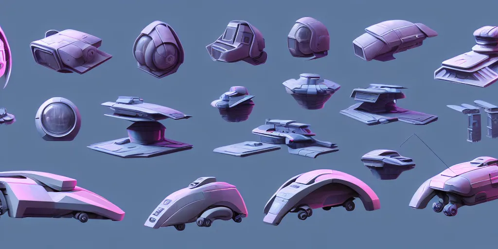 Prompt: futuristic hard surface shape form exploration, vehicles, close up, complex geometry, detailed, artstation, 8 k, sci - fi, pastel colors, props, panel, concept, simon stalenhag, blueprint, items and gadget, big medium small, blueprint, vintage, retro