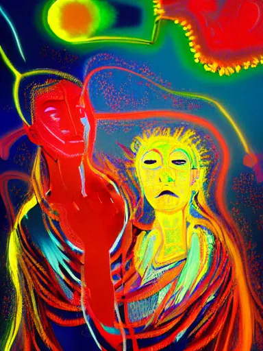 Prompt: Dreaming of a life IRL with divine counterparts twin flame divine masculine shaman and divine feminine shaman starseeds on the 3D intricate, abstract, celestial, immaculate, octane render, by the style of Peter Nagel and Henri de Toulouse-Lautrec Basquiat, pop art, speed painting, HDR, vaporware, painterly illustration, intense atmosphere, intricate, ornate details, gothic, detailed Illustration, symmetry, CGSociety very coherent symmetrical artwork. cinematic, hyperrealism, high detail, octane render, 8k, iridescent accents